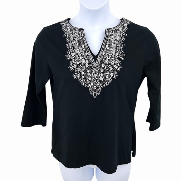 BOHO COLDWATER CREEK BLACK & WHITE EMBROIDERED V-NECK BOHO 3/4 SLEEVE TOP - M - Picture 1 of 5